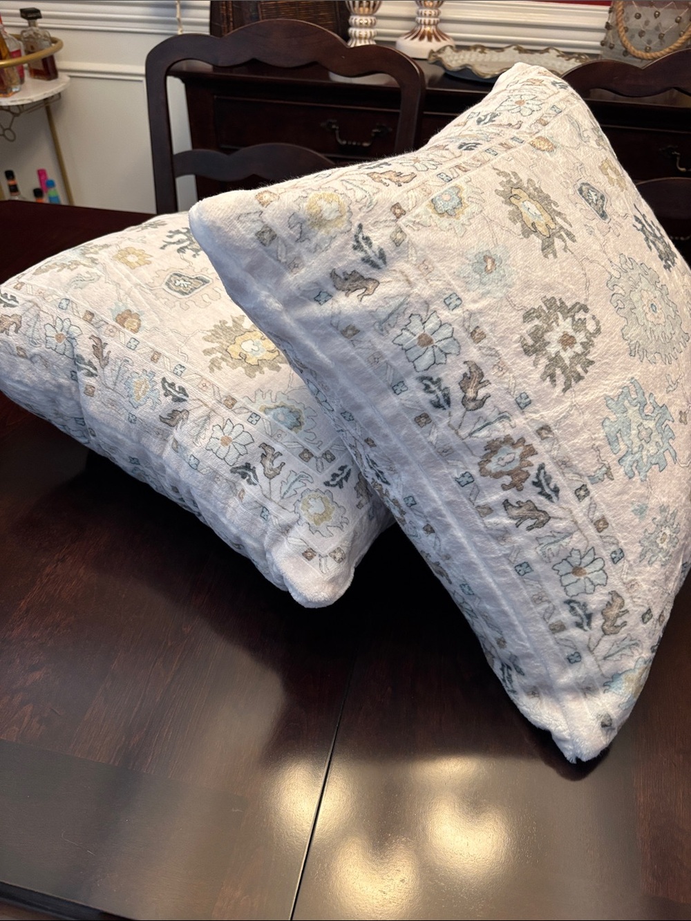 Decorative Floral Quilted Accent Pillows in Light Blue and Cream